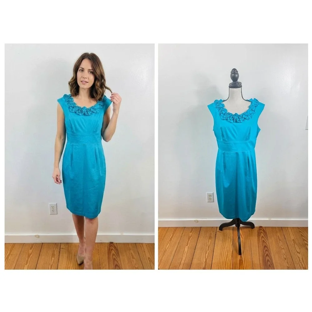 London Times Sheath‎ Dress Womens 12 Blue Ruffle Neck Sleeveless Cocktail Party